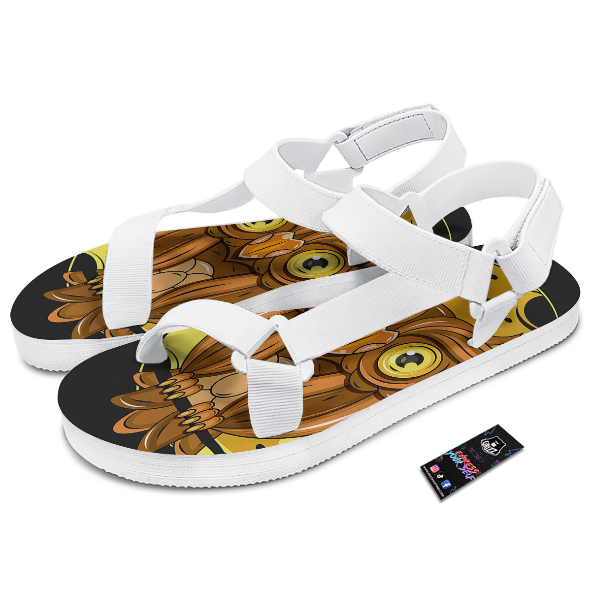 Owl At Night Print White Open Toe Sandals-grizzshop