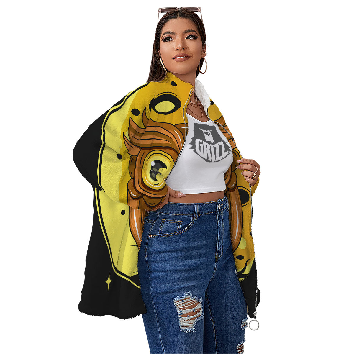 Owl At Night Print Women's Sherpa Jacket-grizzshop