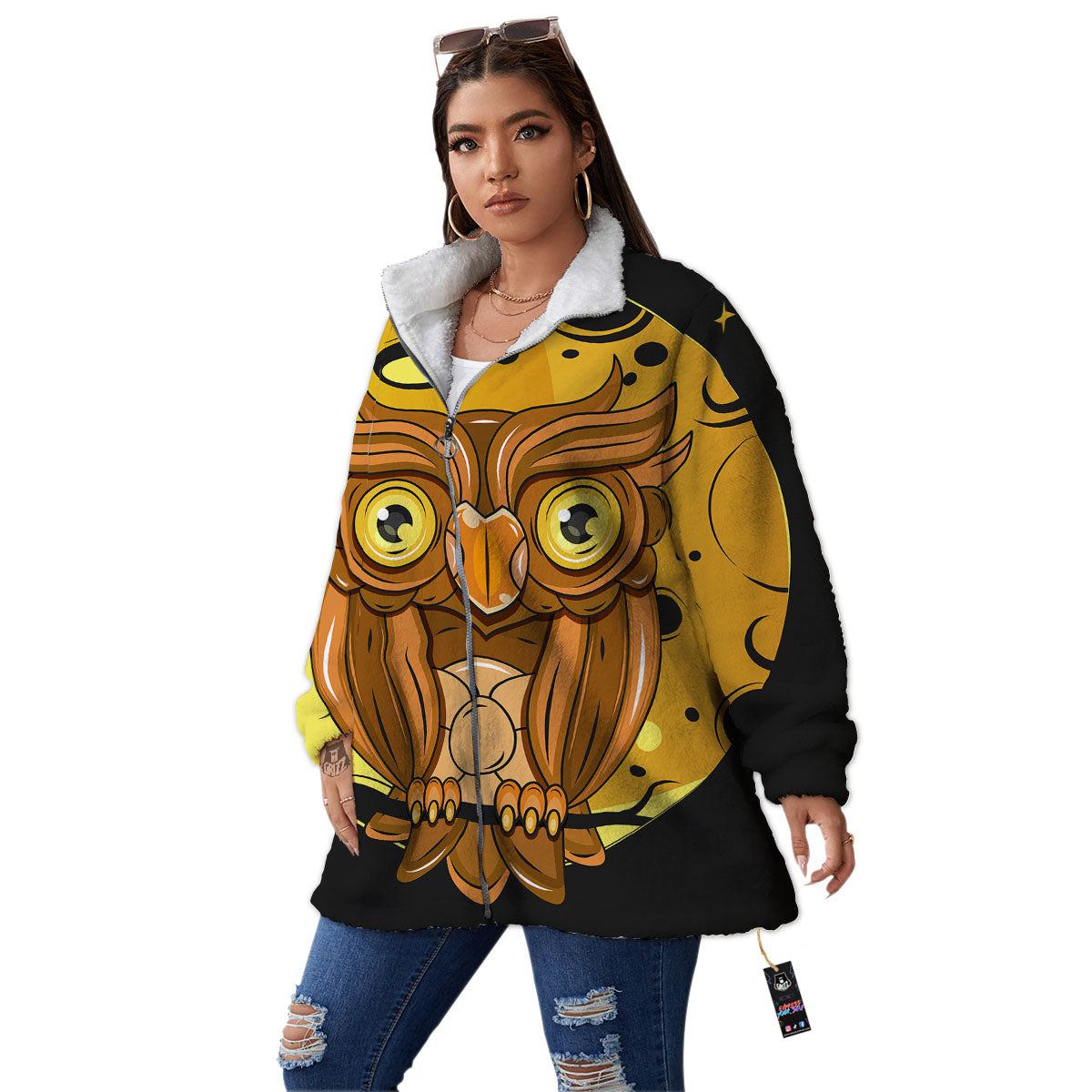 Owl At Night Print Women's Sherpa Jacket-grizzshop