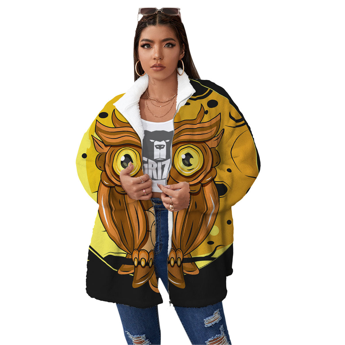 Owl At Night Print Women's Sherpa Jacket-grizzshop