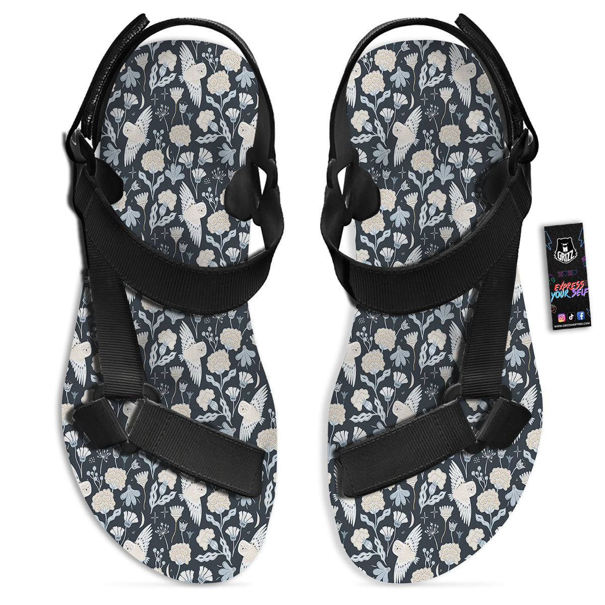 Owl Bohemian Print Pattern Black Open Toe Sandals-grizzshop