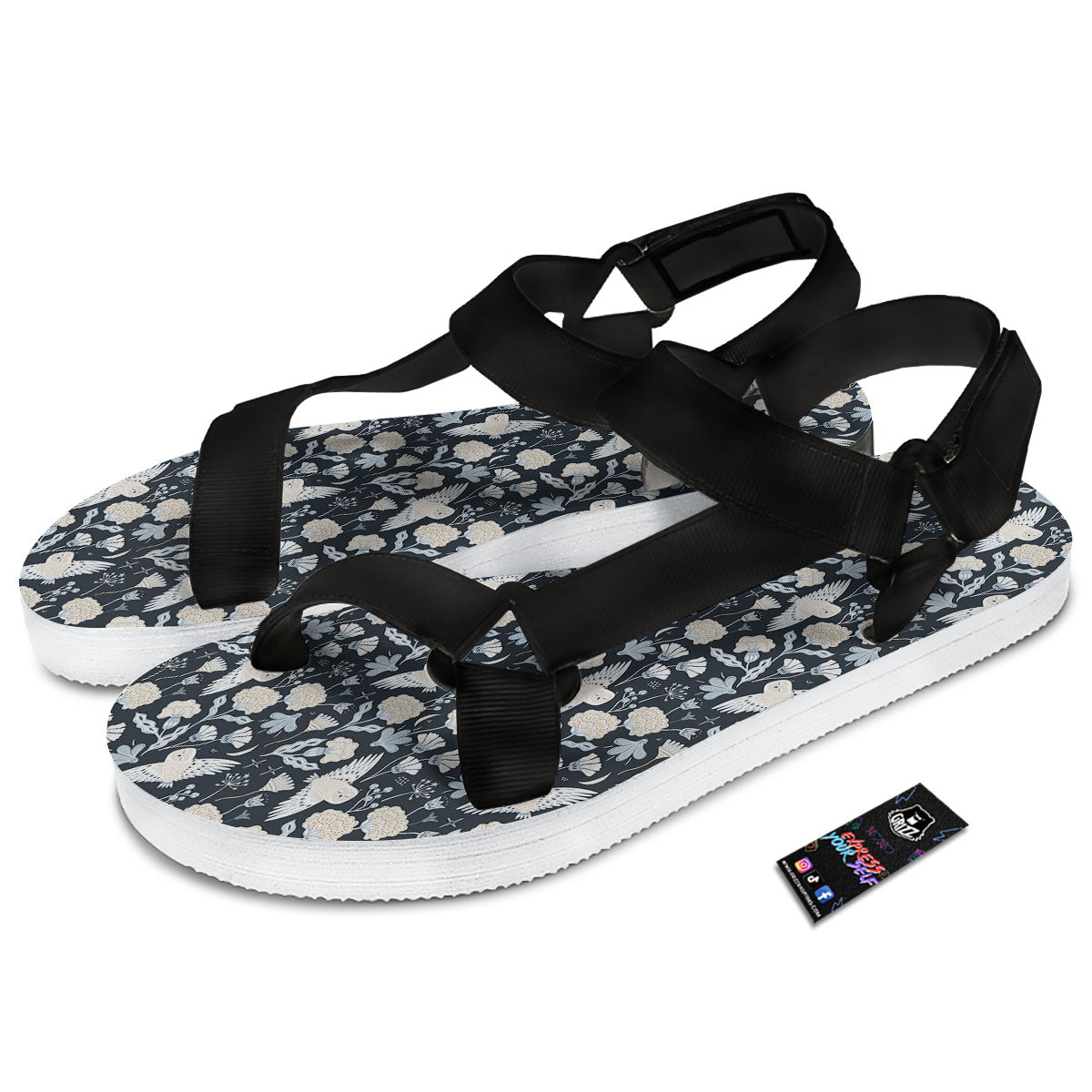 Owl Bohemian Print Pattern Black Open Toe Sandals-grizzshop