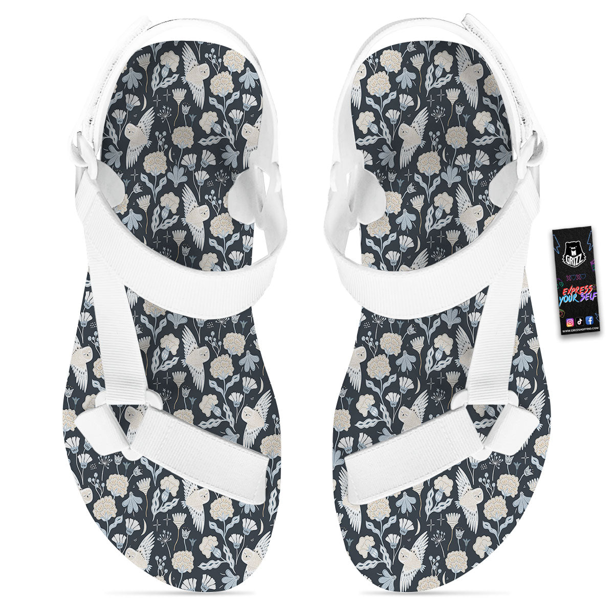 Owl Bohemian Print Pattern White Open Toe Sandals-grizzshop
