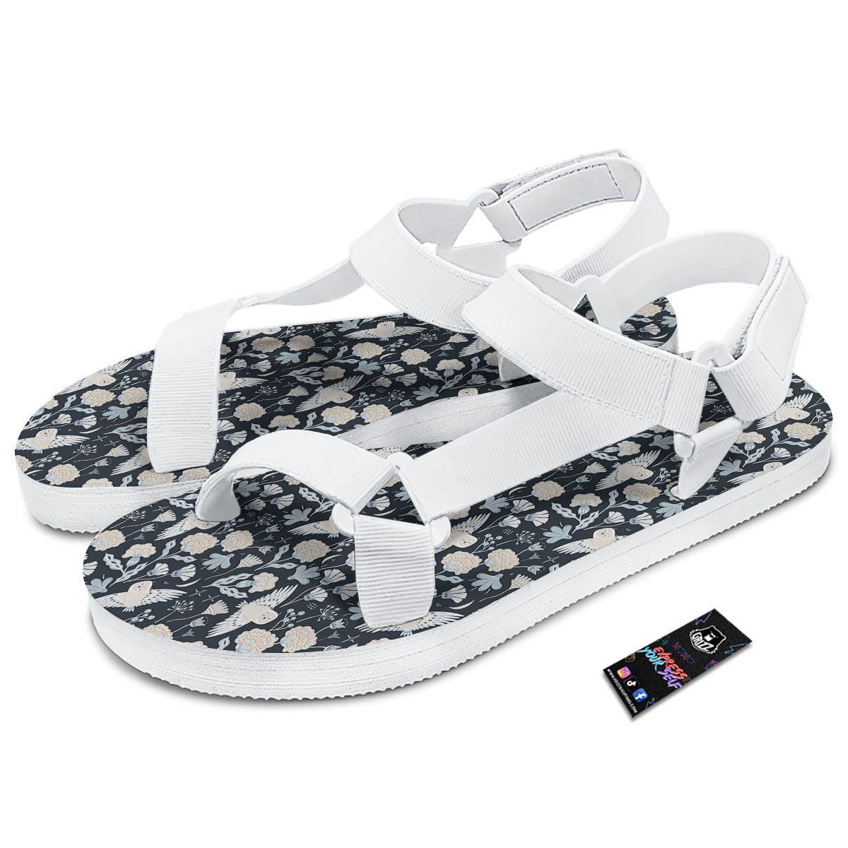 Owl Bohemian Print Pattern White Open Toe Sandals-grizzshop