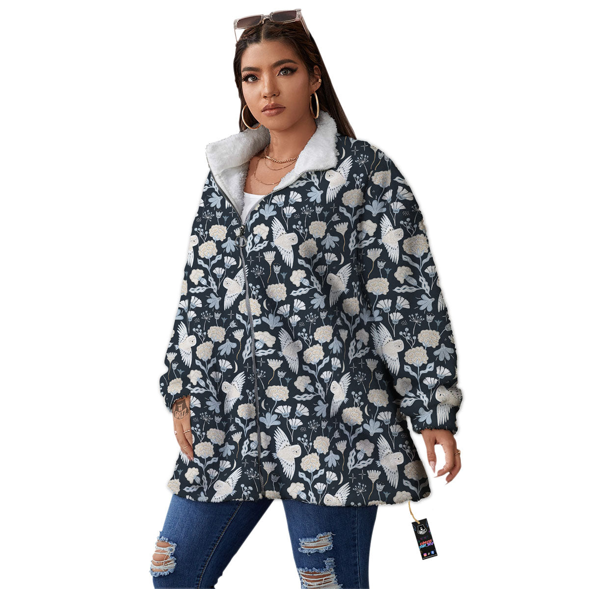 Owl Bohemian Print Pattern Women's Sherpa Jacket-grizzshop
