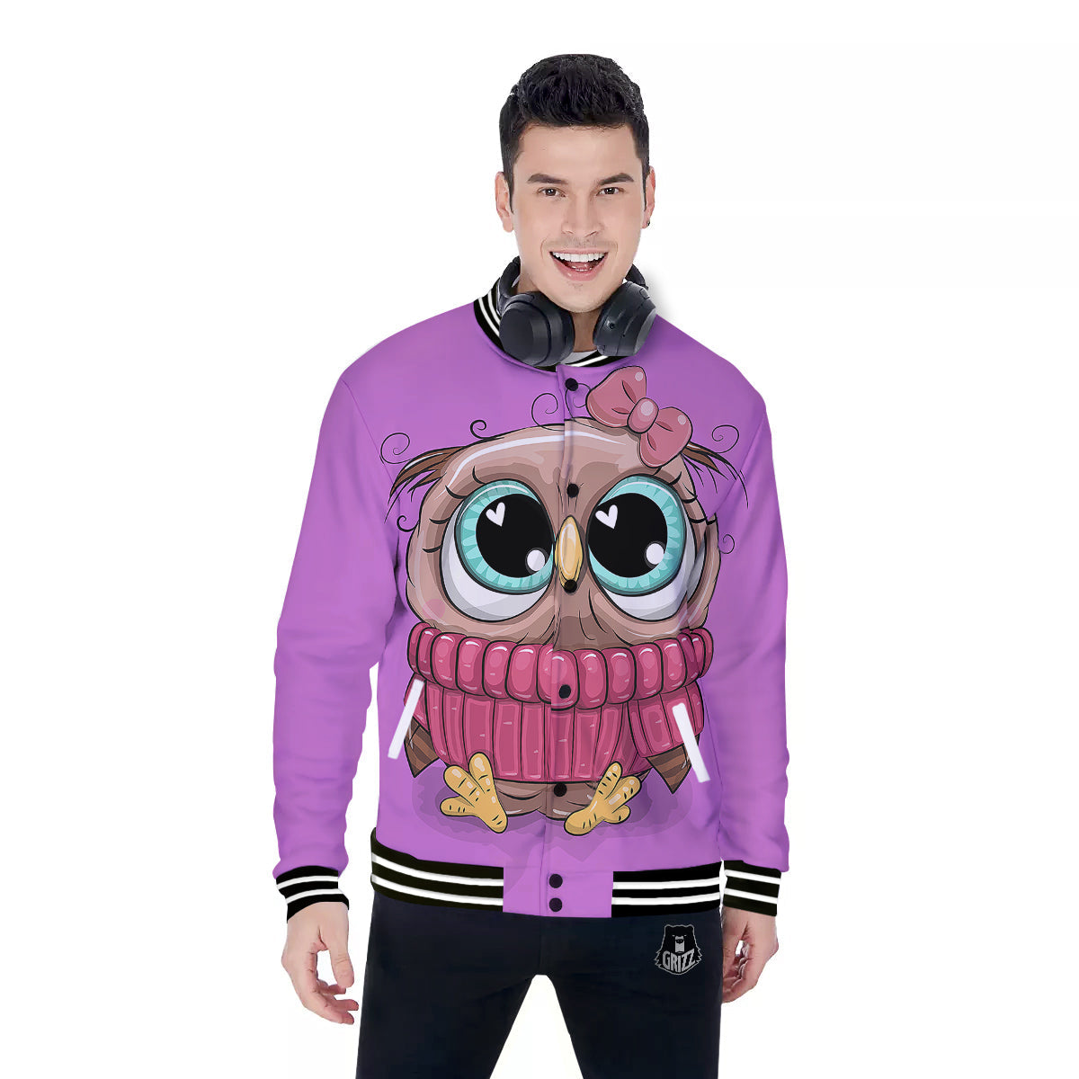 Owl Cute Print Baseball Jacket-grizzshop