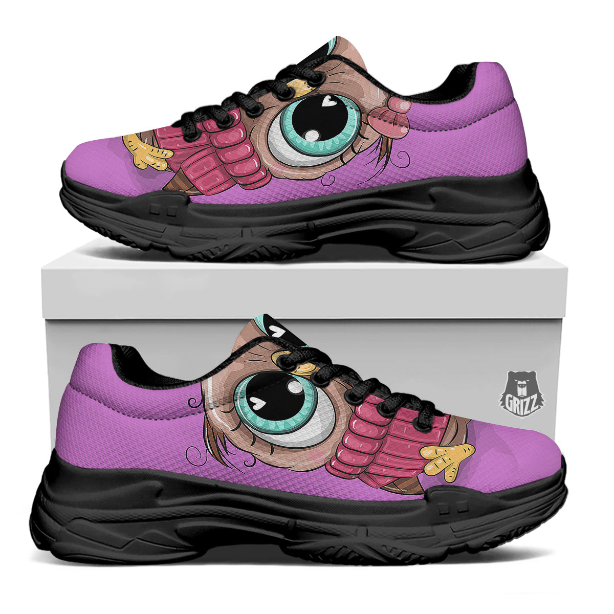 Owl Cute Print Black Chunky Shoes-grizzshop