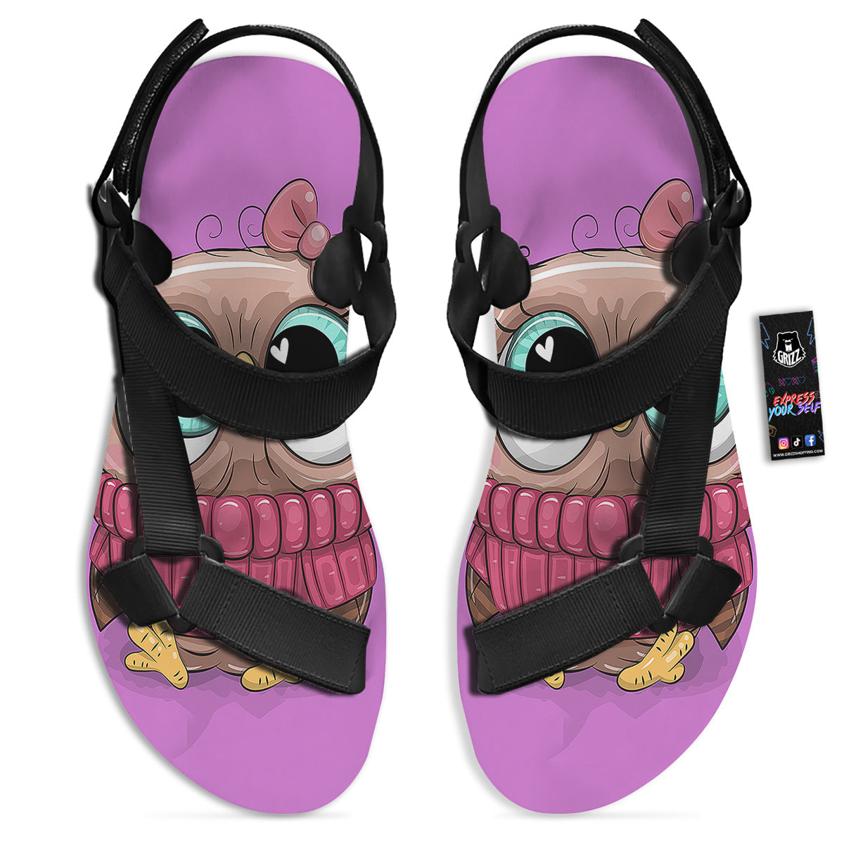 Owl Cute Print Black Open Toe Sandals-grizzshop