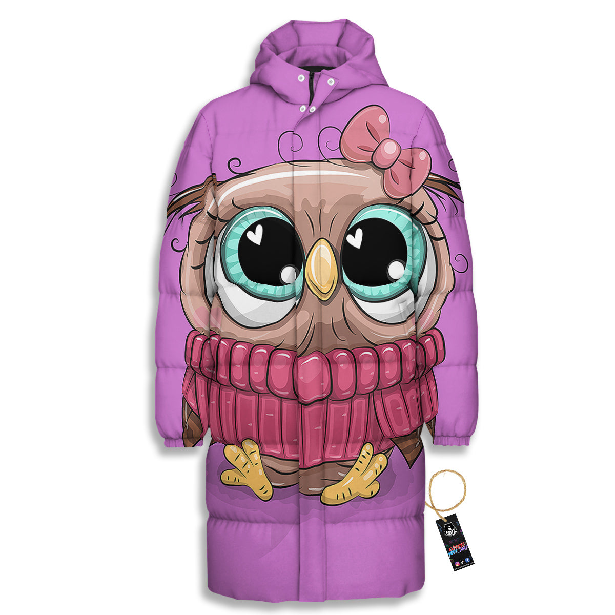 Owl Cute Print Long Down Jacket-grizzshop