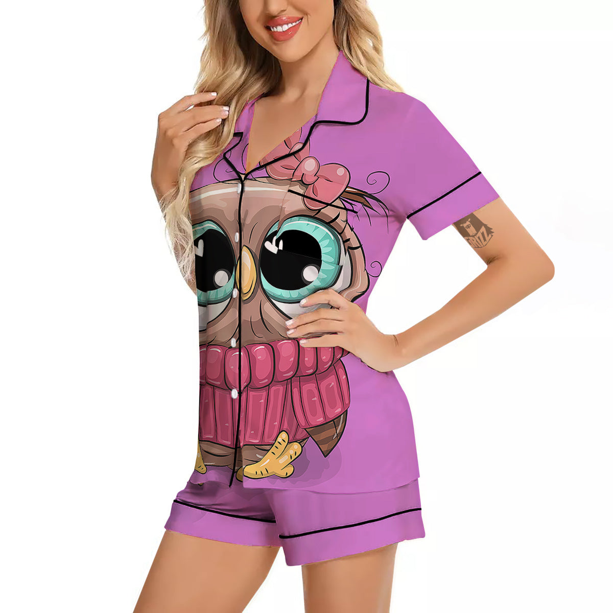 Owl Cute Print Women Silk Pajamas-grizzshop