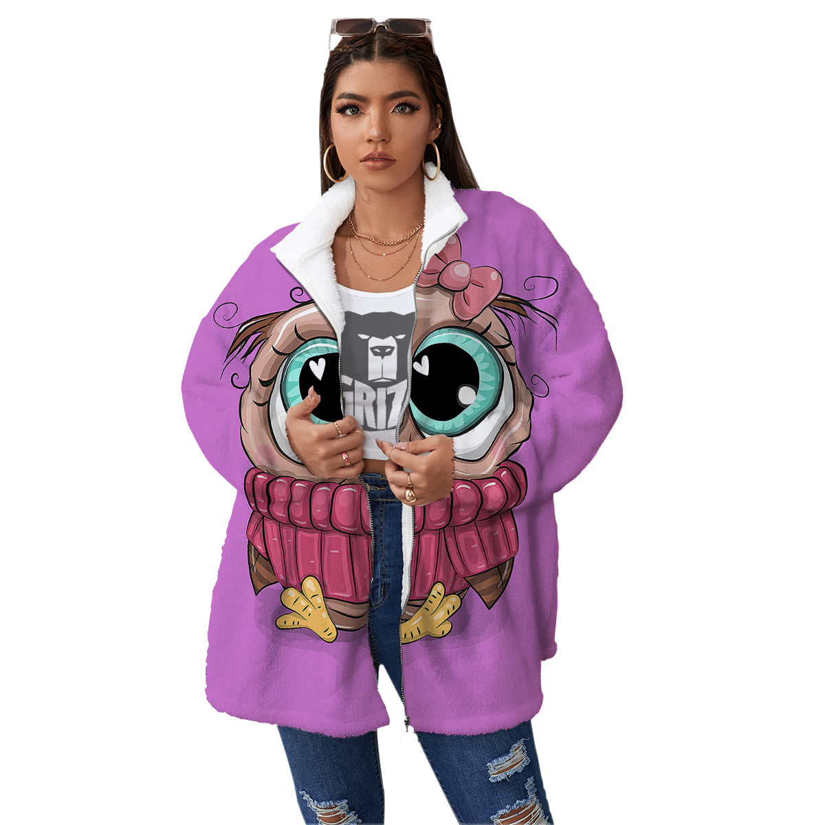 Owl Cute Print Women's Sherpa Jacket-grizzshop