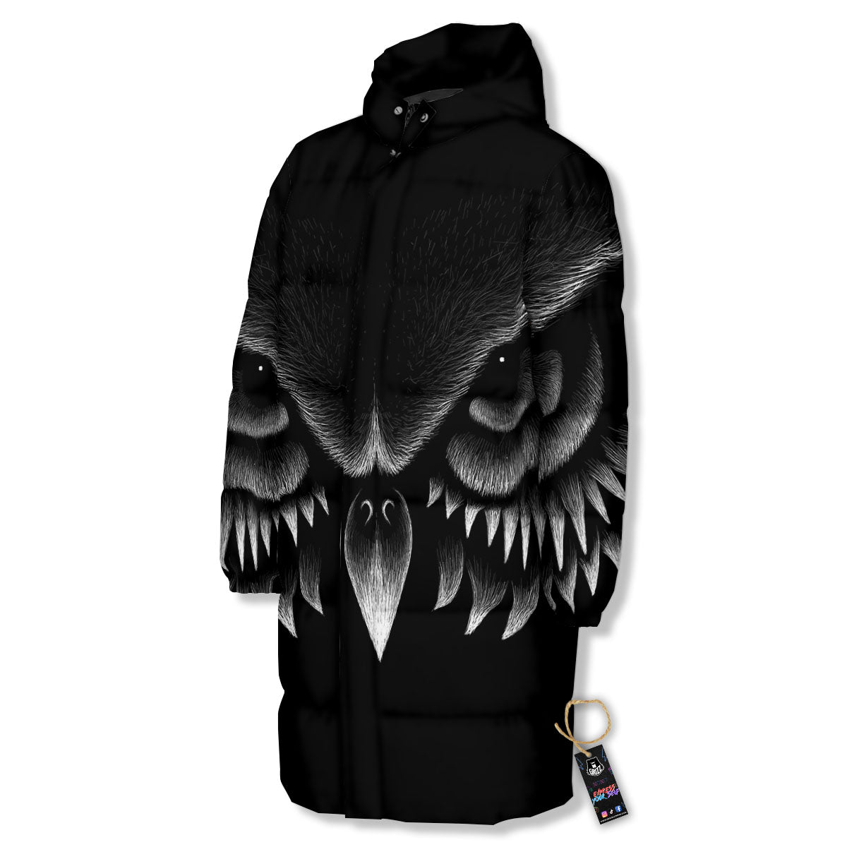 Owl Eyes Print Long Down Jacket-grizzshop