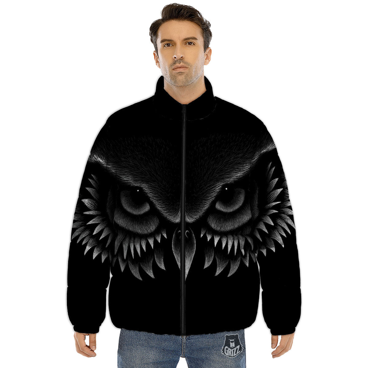 Owl Eyes Print Puffer Jacket-grizzshop