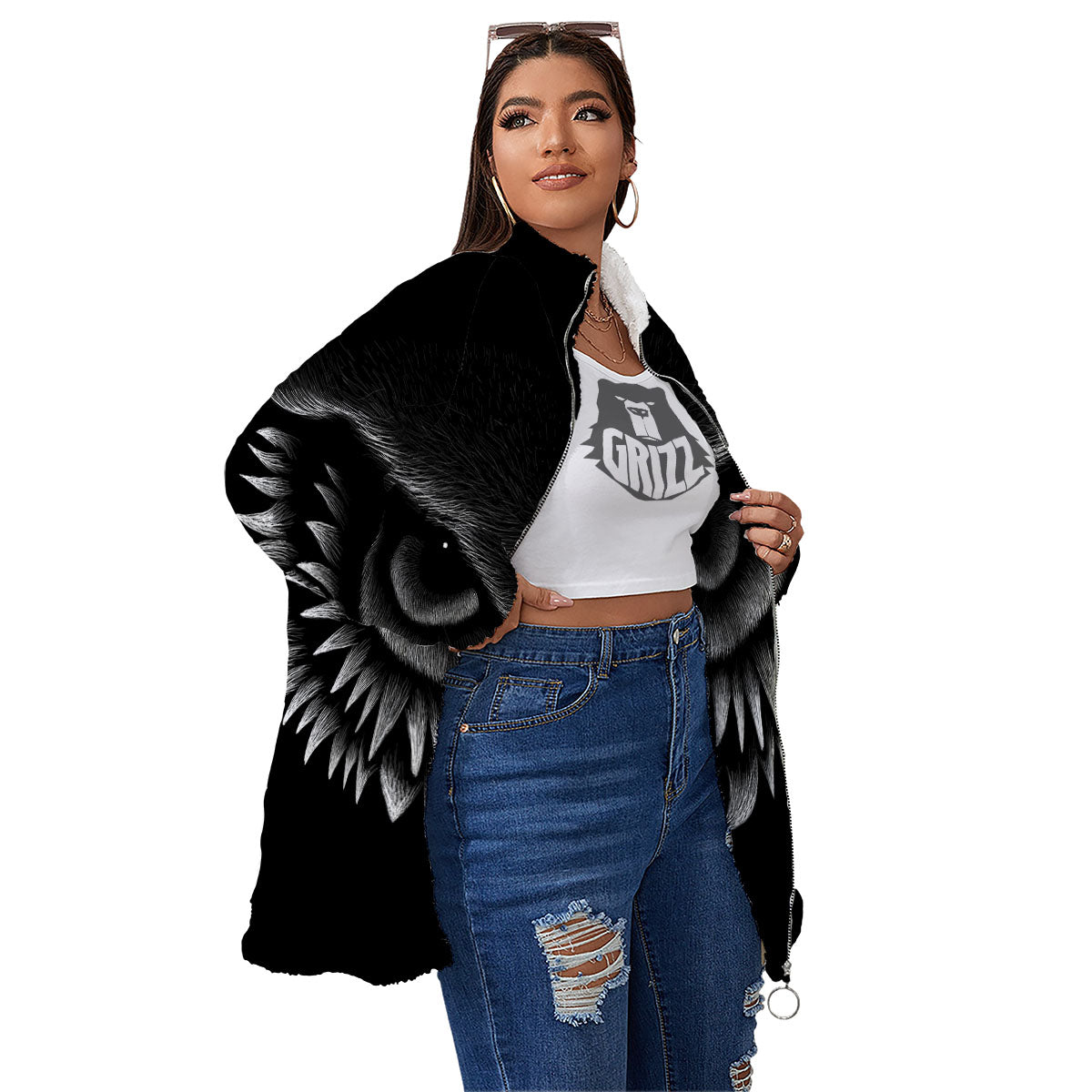 Owl Eyes Print Women's Sherpa Jacket-grizzshop
