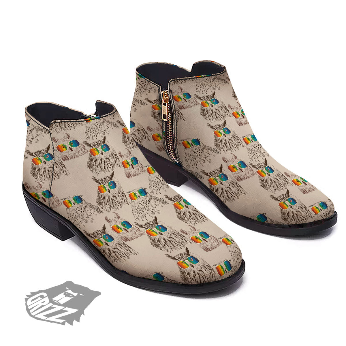 Owl Glasses Print Pattern Ankle Boots-grizzshop