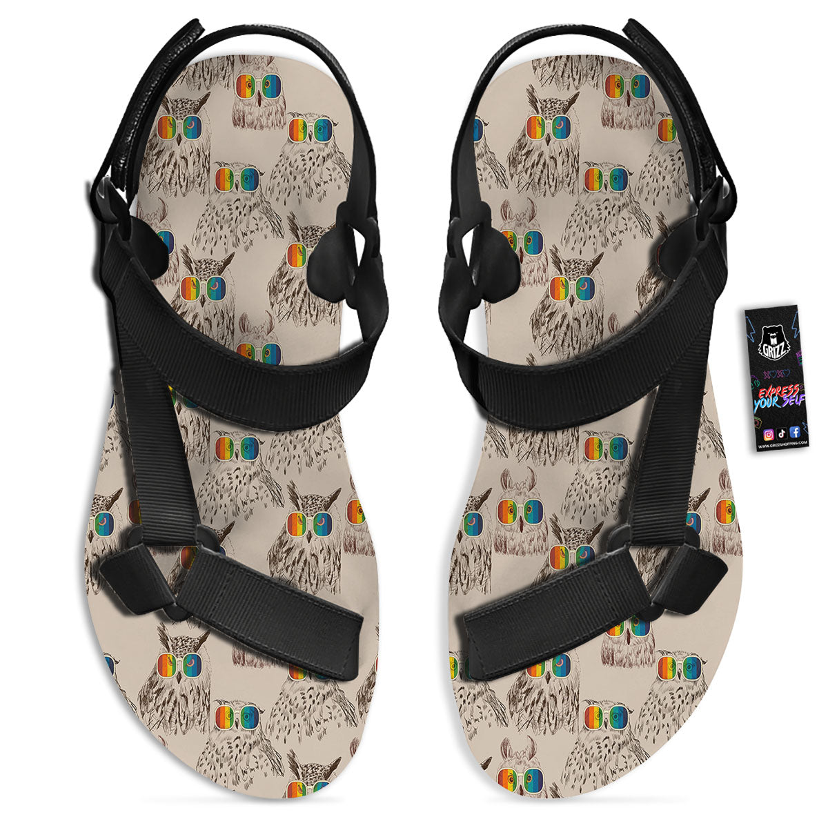 Owl Glasses Print Pattern Black Open Toe Sandals-grizzshop