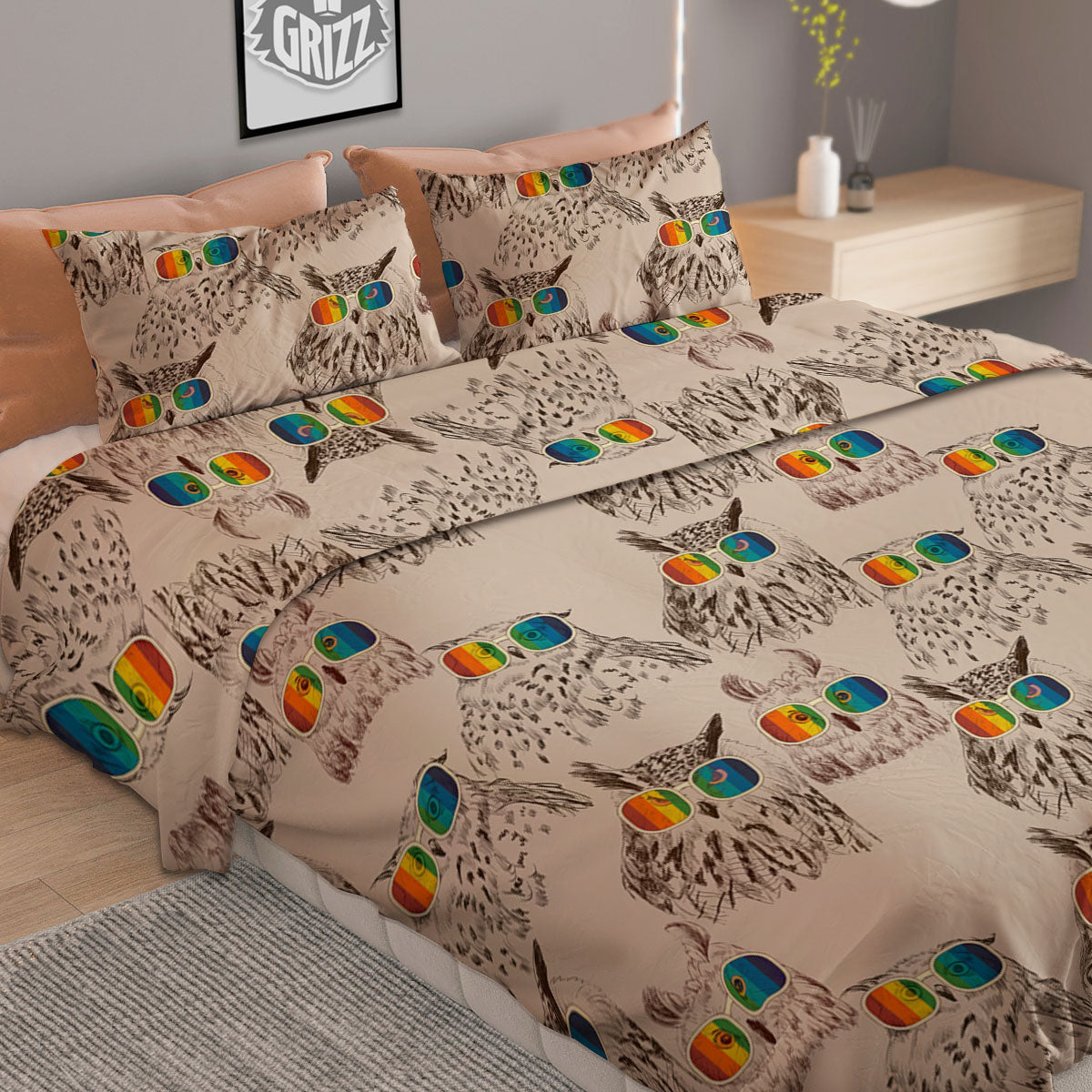 Owl Glasses Print Pattern Duvet Cover Bedding Set
