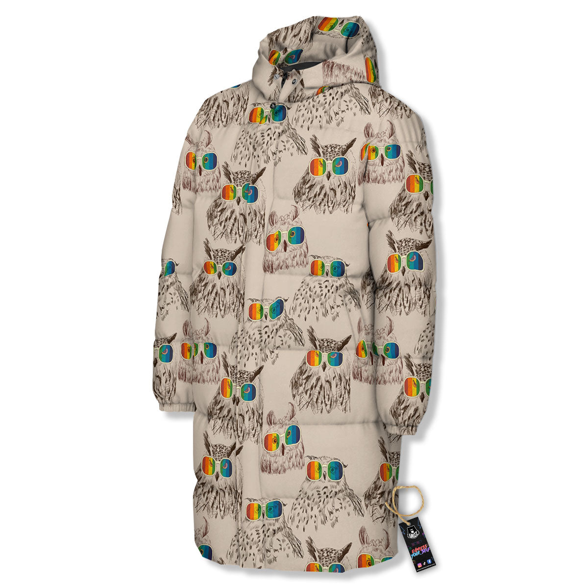 Owl Glasses Print Pattern Long Down Jacket-grizzshop