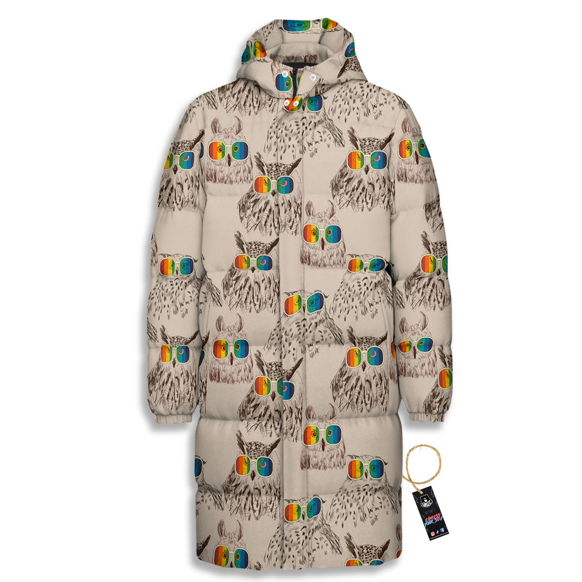 Owl Glasses Print Pattern Long Down Jacket-grizzshop