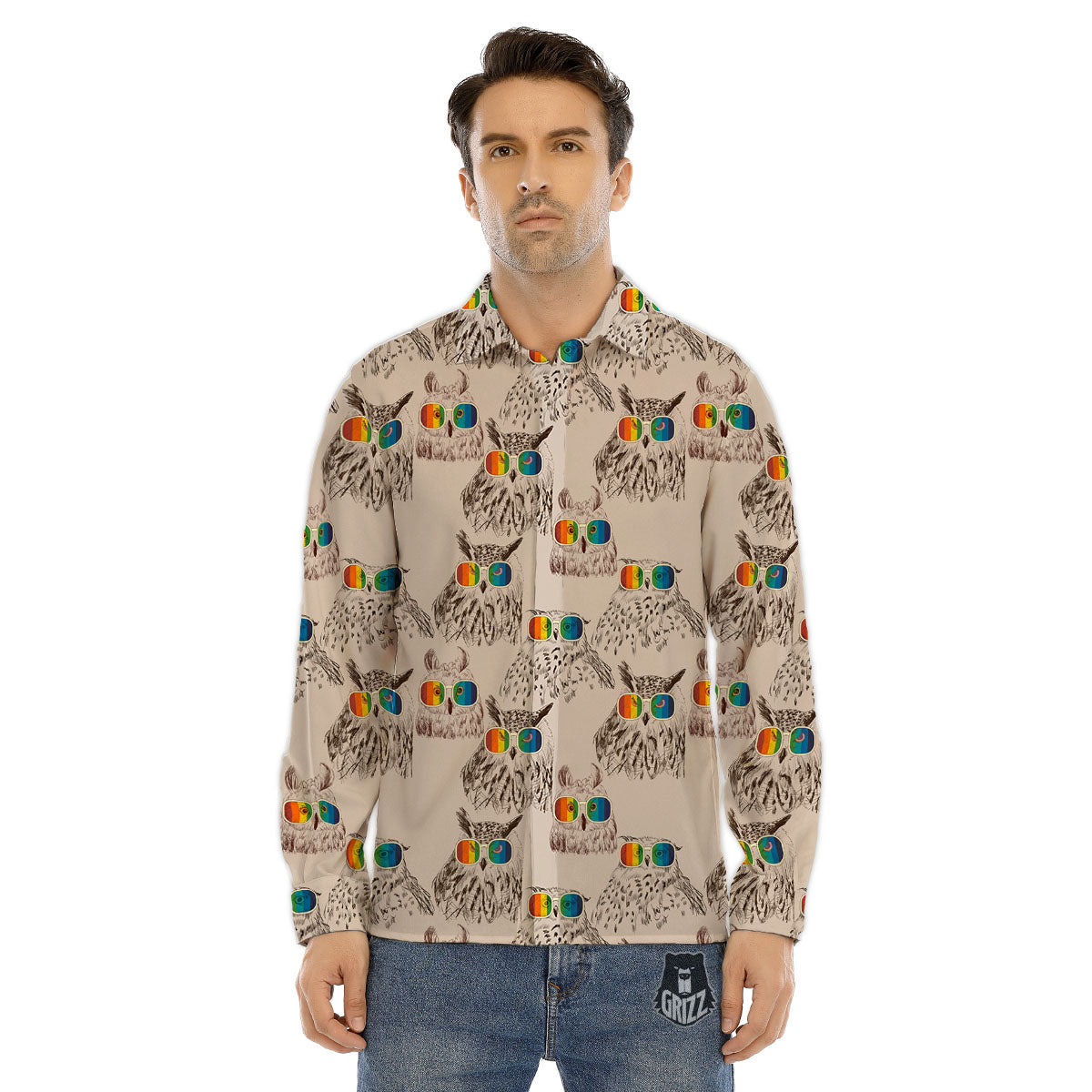 Owl Glasses Print Pattern Men's Dress Shirts-grizzshop