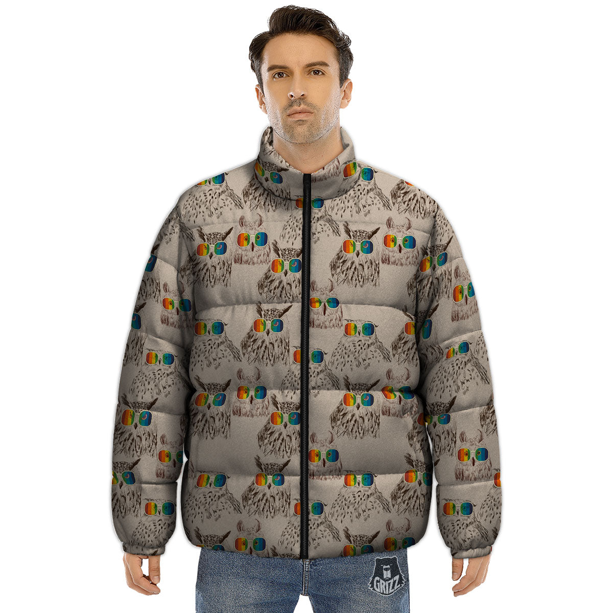 Owl Glasses Print Pattern Puffer Jacket-grizzshop
