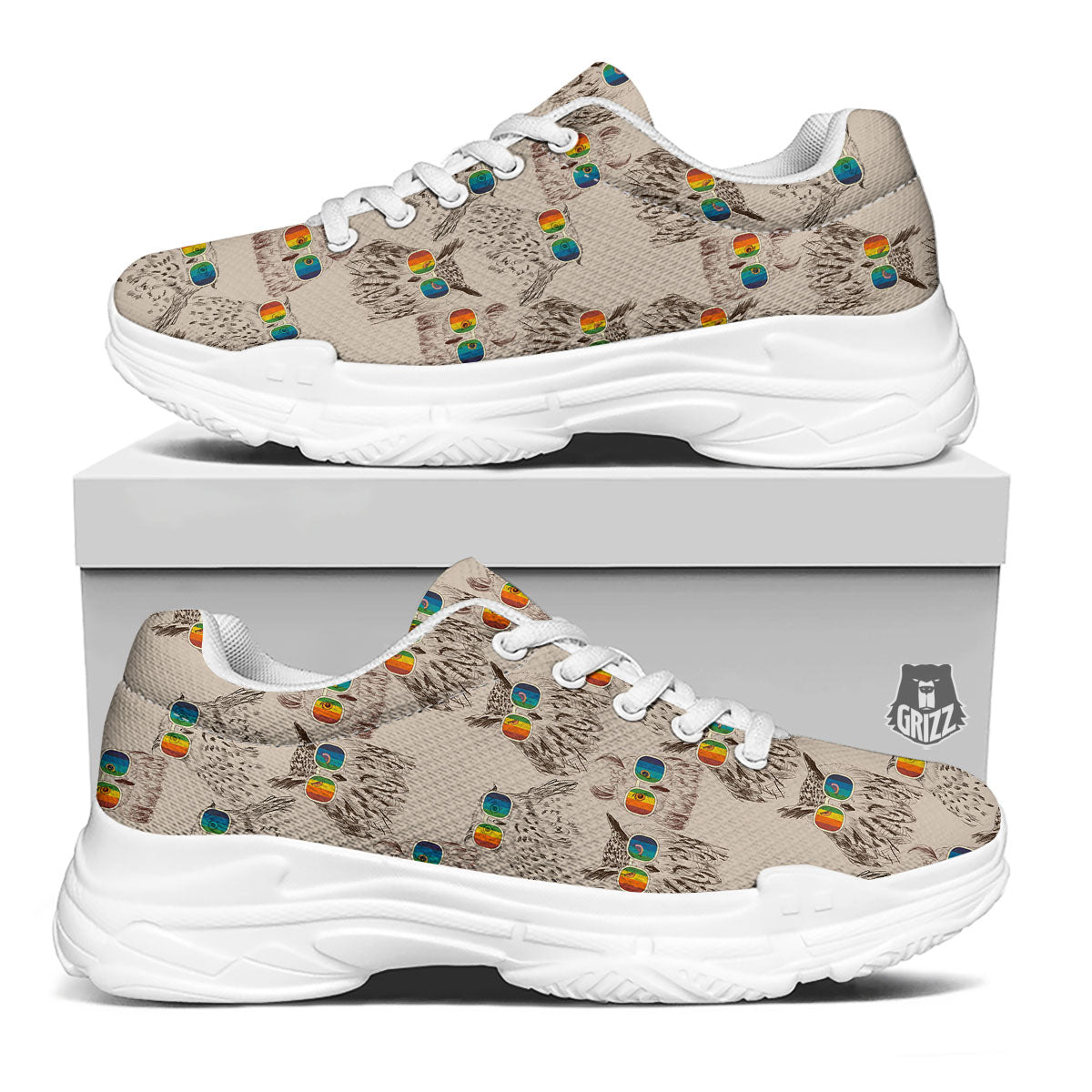 Owl Glasses Print Pattern White Chunky Shoes-grizzshop