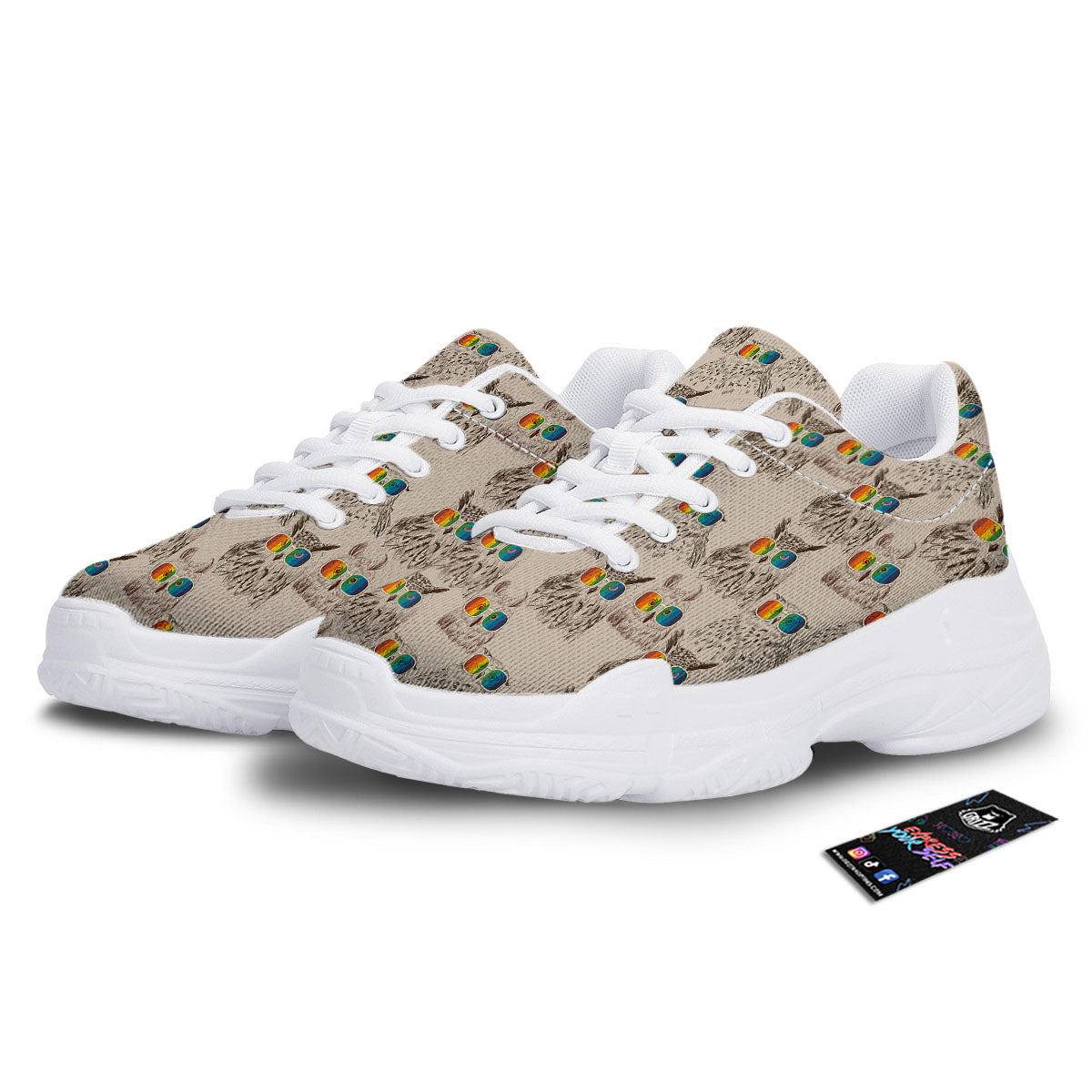 Owl Glasses Print Pattern White Chunky Shoes-grizzshop