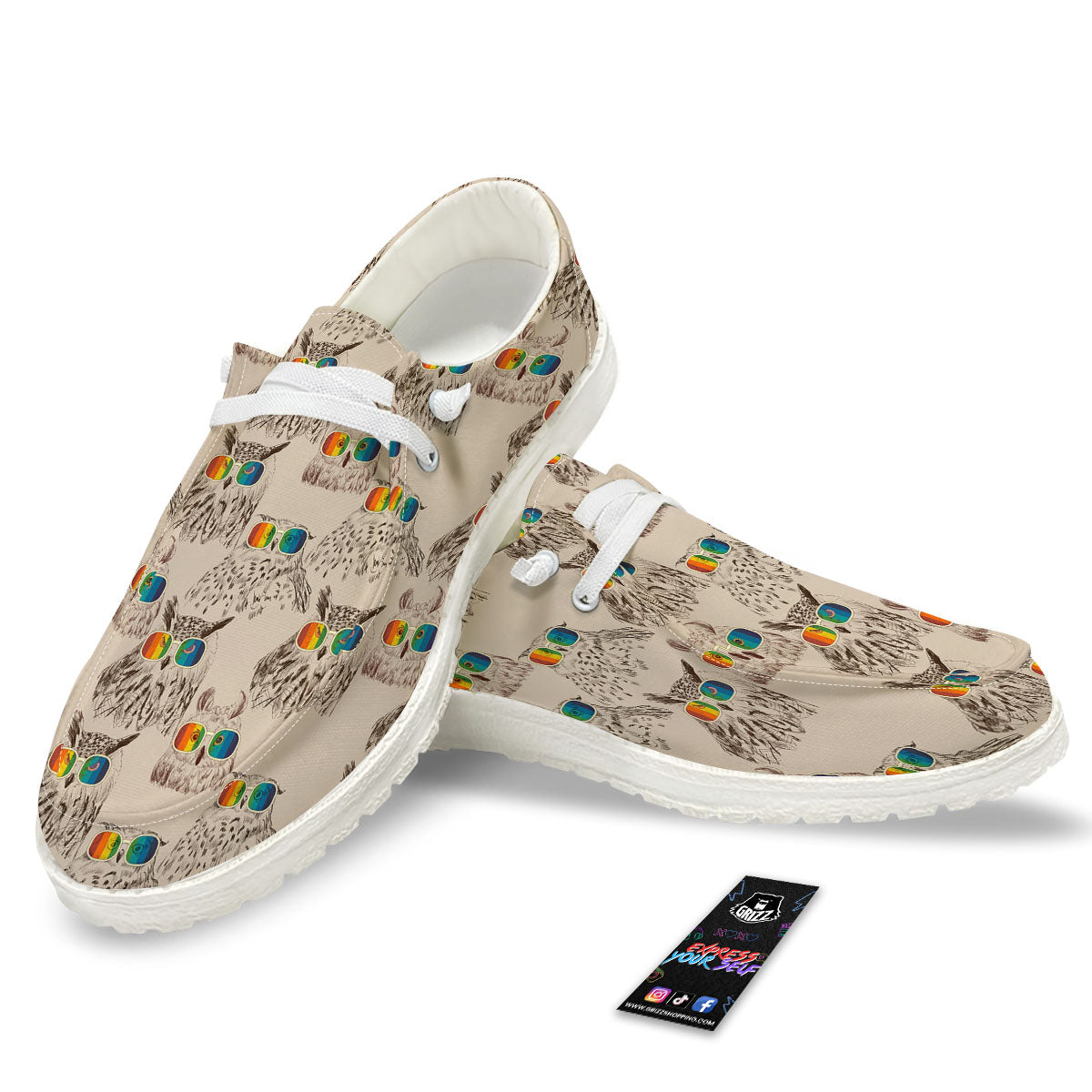 Owl Glasses Print Pattern White Loafers-grizzshop