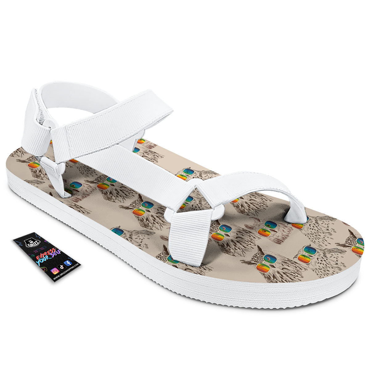 Owl Glasses Print Pattern White Open Toe Sandals-grizzshop