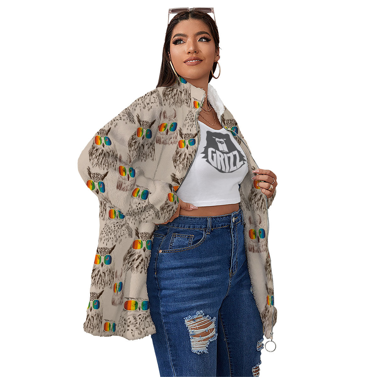 Owl Glasses Print Pattern Women's Sherpa Jacket-grizzshop