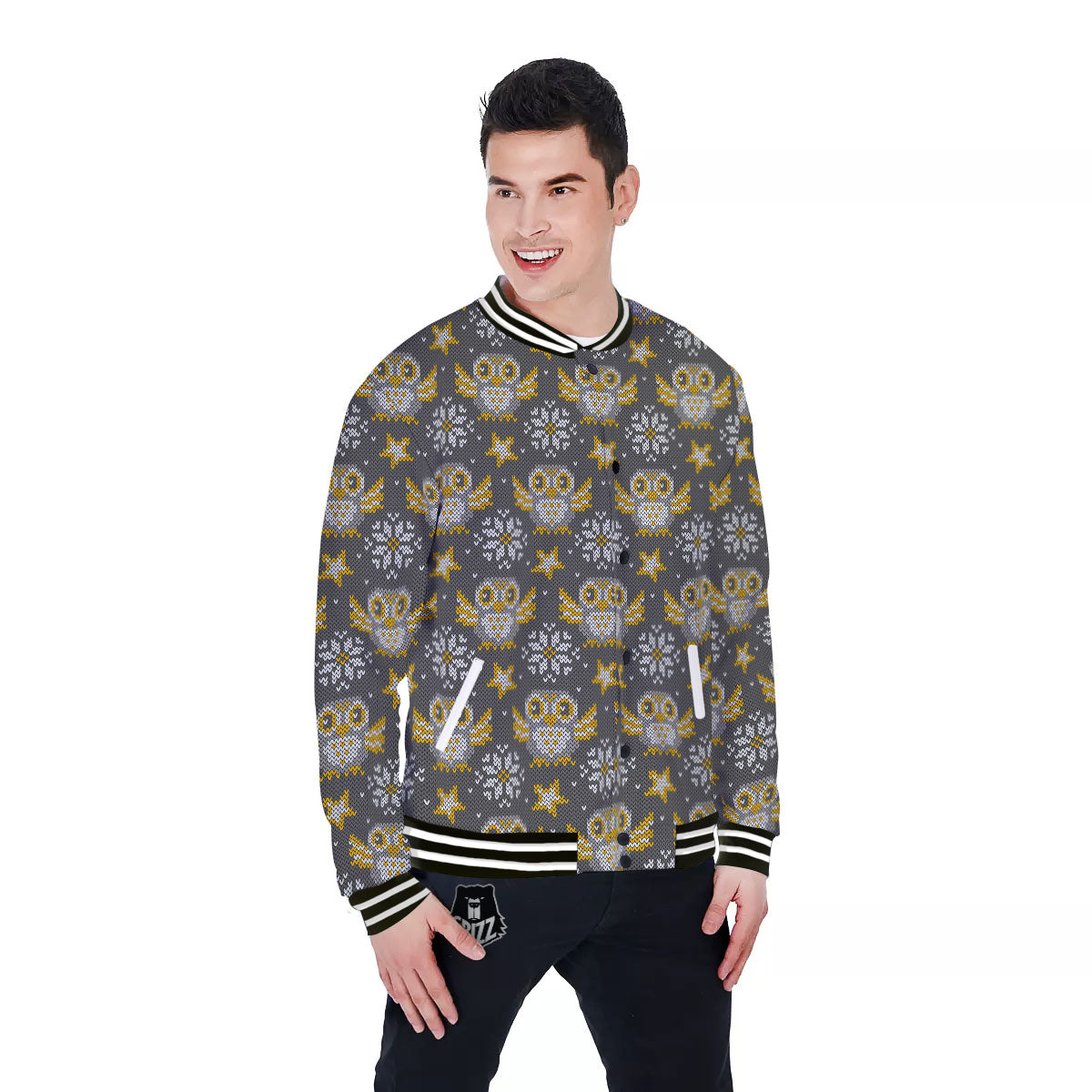 Owl Knitted Print Pattern Baseball Jacket-grizzshop