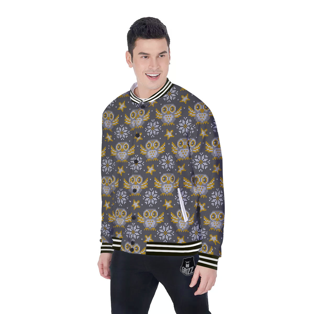 Owl Knitted Print Pattern Baseball Jacket-grizzshop