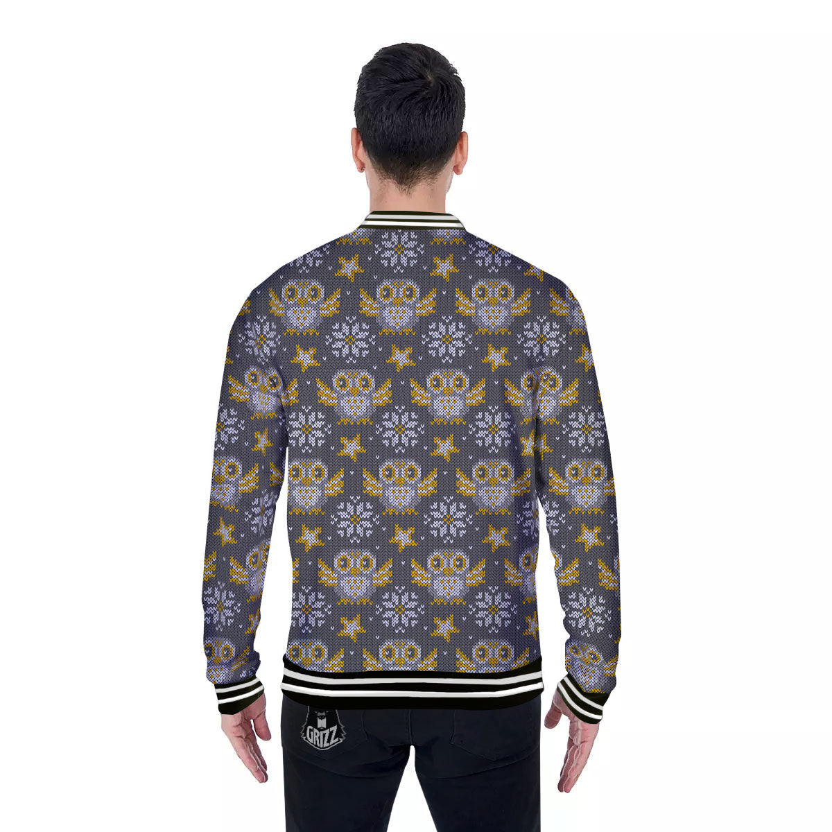 Owl Knitted Print Pattern Baseball Jacket-grizzshop