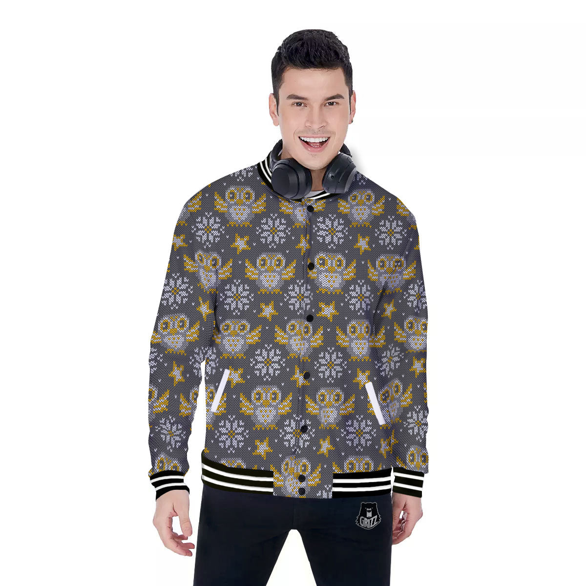 Owl Knitted Print Pattern Baseball Jacket-grizzshop
