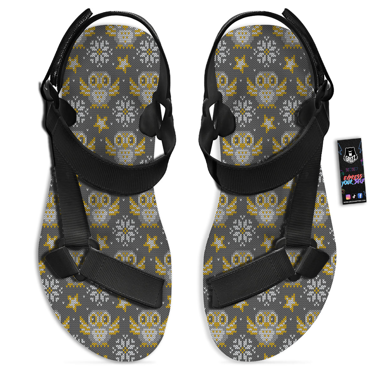 Owl Knitted Print Pattern Black Open Toe Sandals-grizzshop