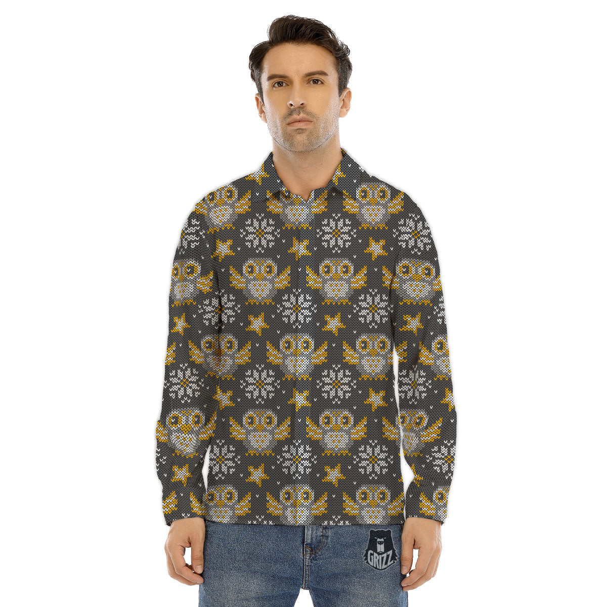 Owl Knitted Print Pattern Men's Dress Shirts-grizzshop