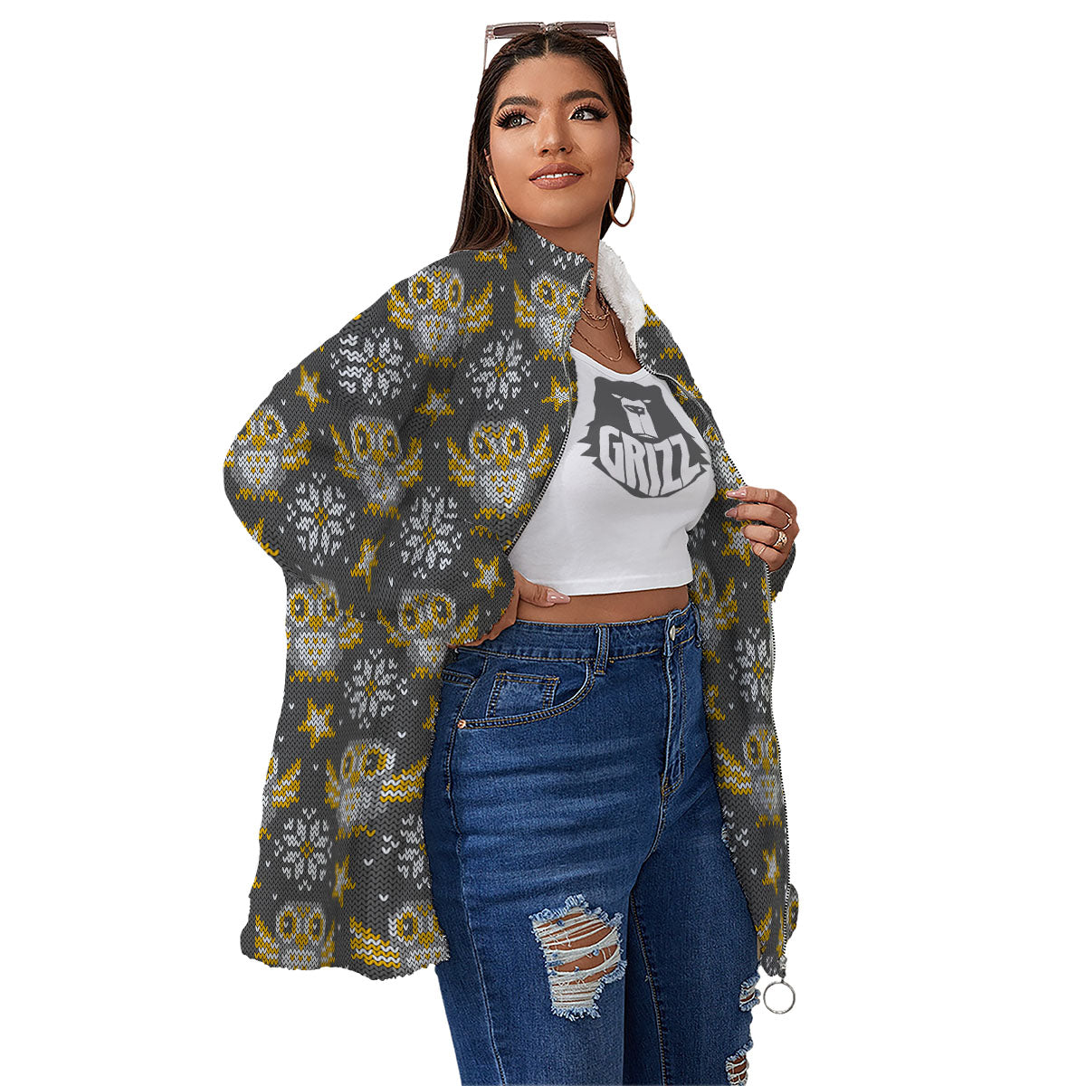 Owl Knitted Print Pattern Women's Sherpa Jacket-grizzshop