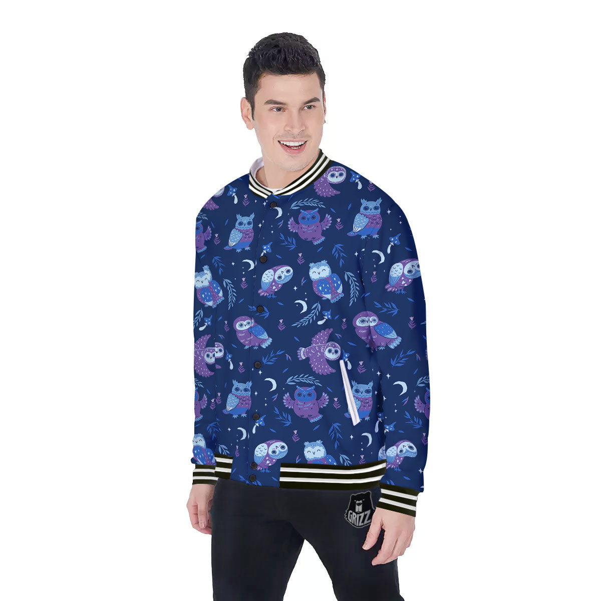 Owl Night Print Pattern Baseball Jacket-grizzshop