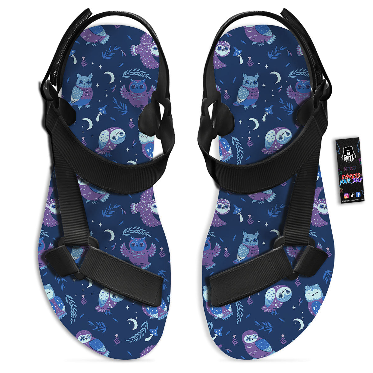 Owl Night Print Pattern Black Open Toe Sandals-grizzshop