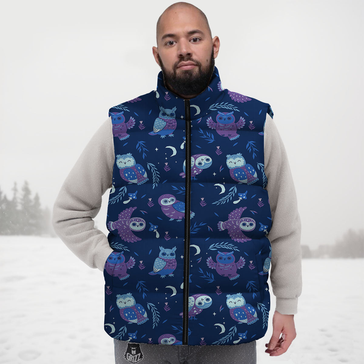 Owl Night Print Pattern Down Vest