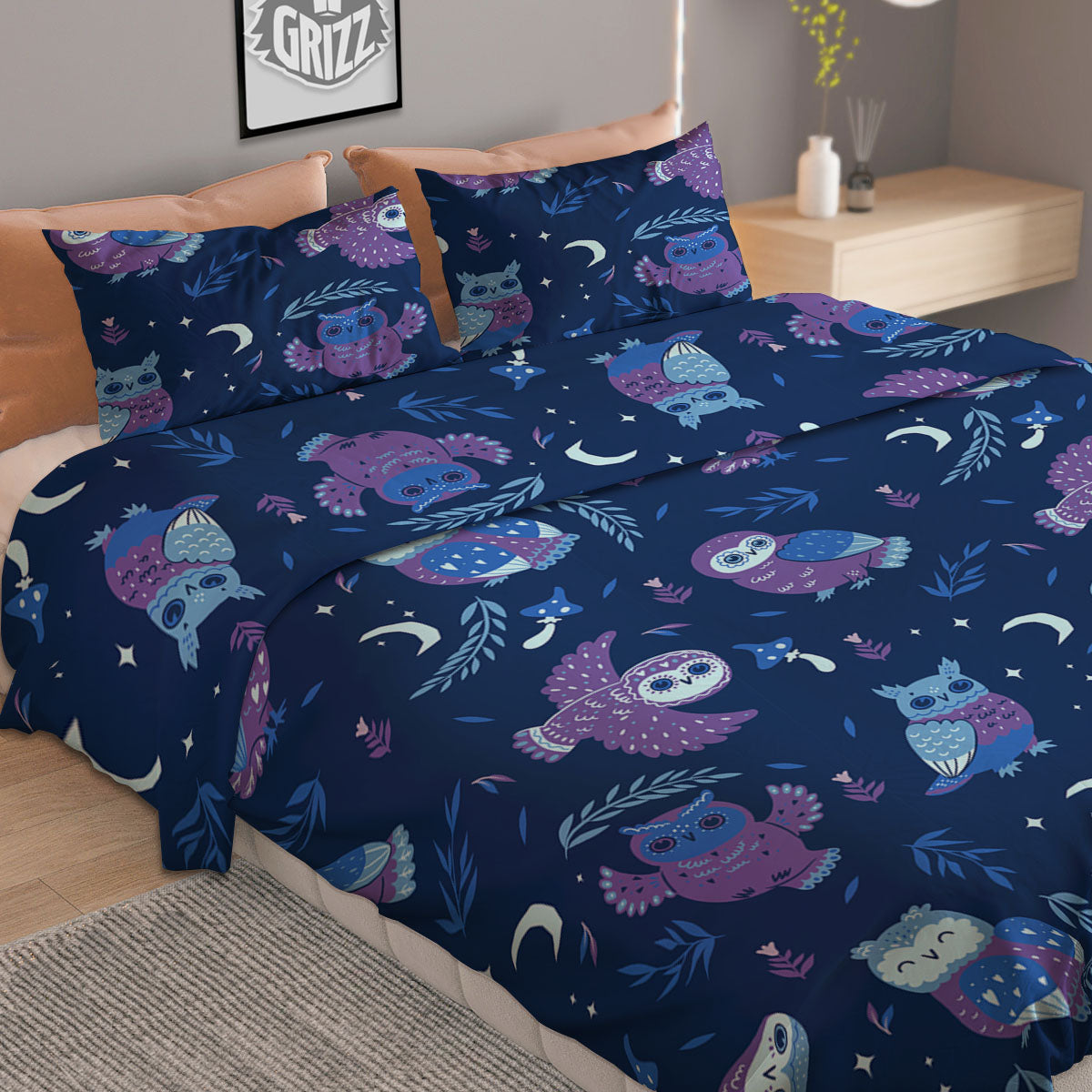 Owl Night Print Pattern Duvet Cover Bedding Set