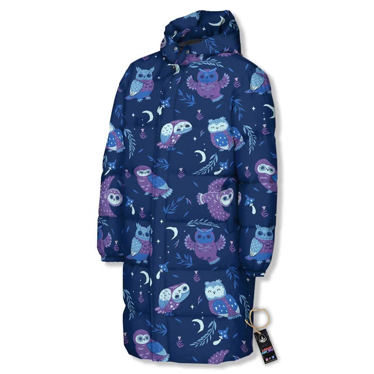 Owl Night Print Pattern Long Down Jacket-grizzshop