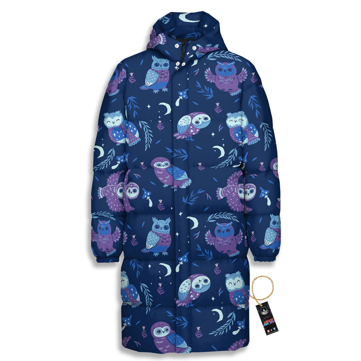 Owl Night Print Pattern Long Down Jacket-grizzshop