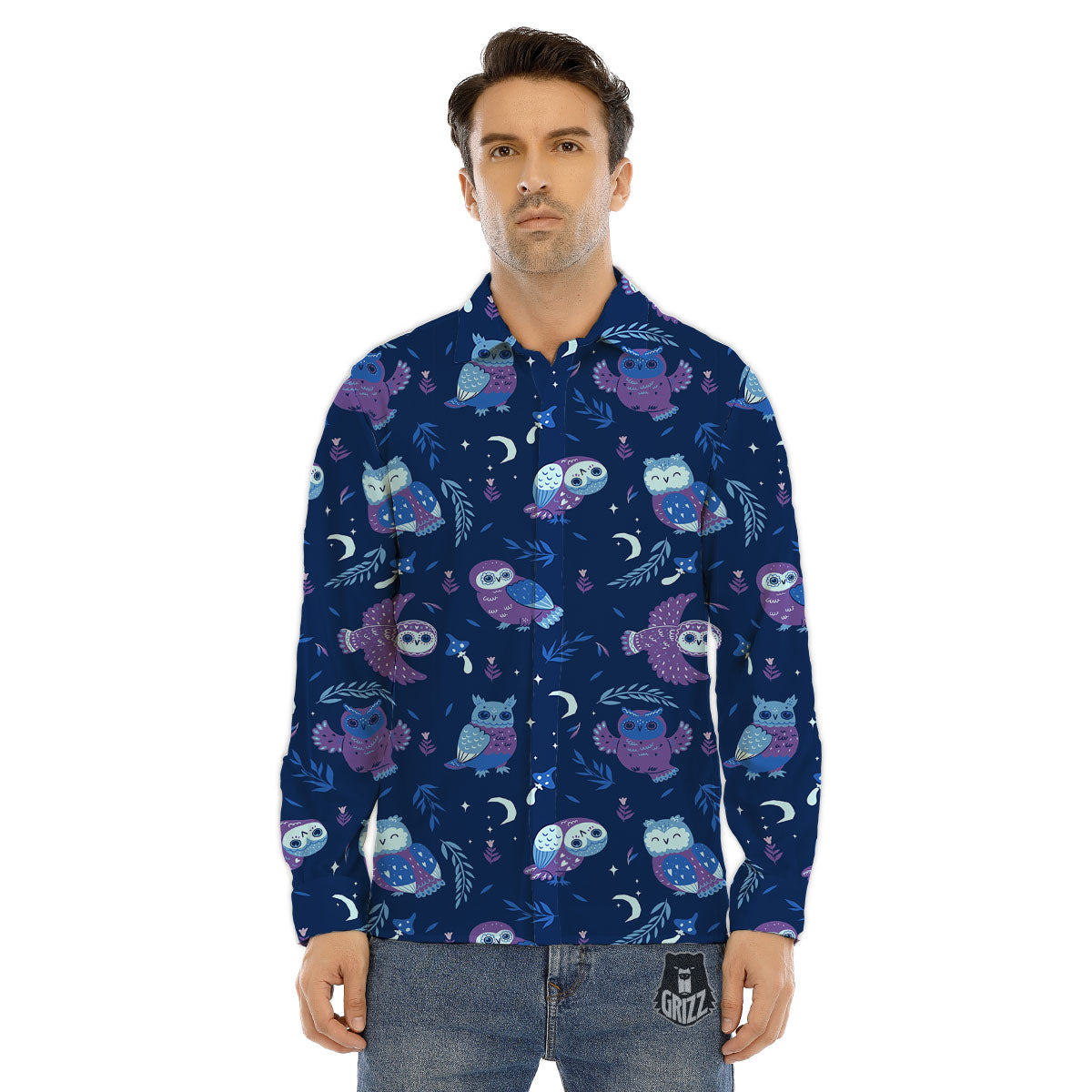 Owl Night Print Pattern Men's Dress Shirts-grizzshop