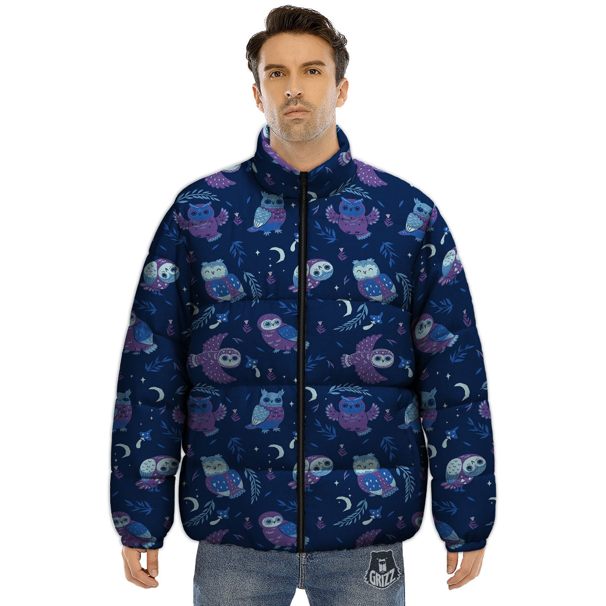 Owl Night Print Pattern Puffer Jacket-grizzshop