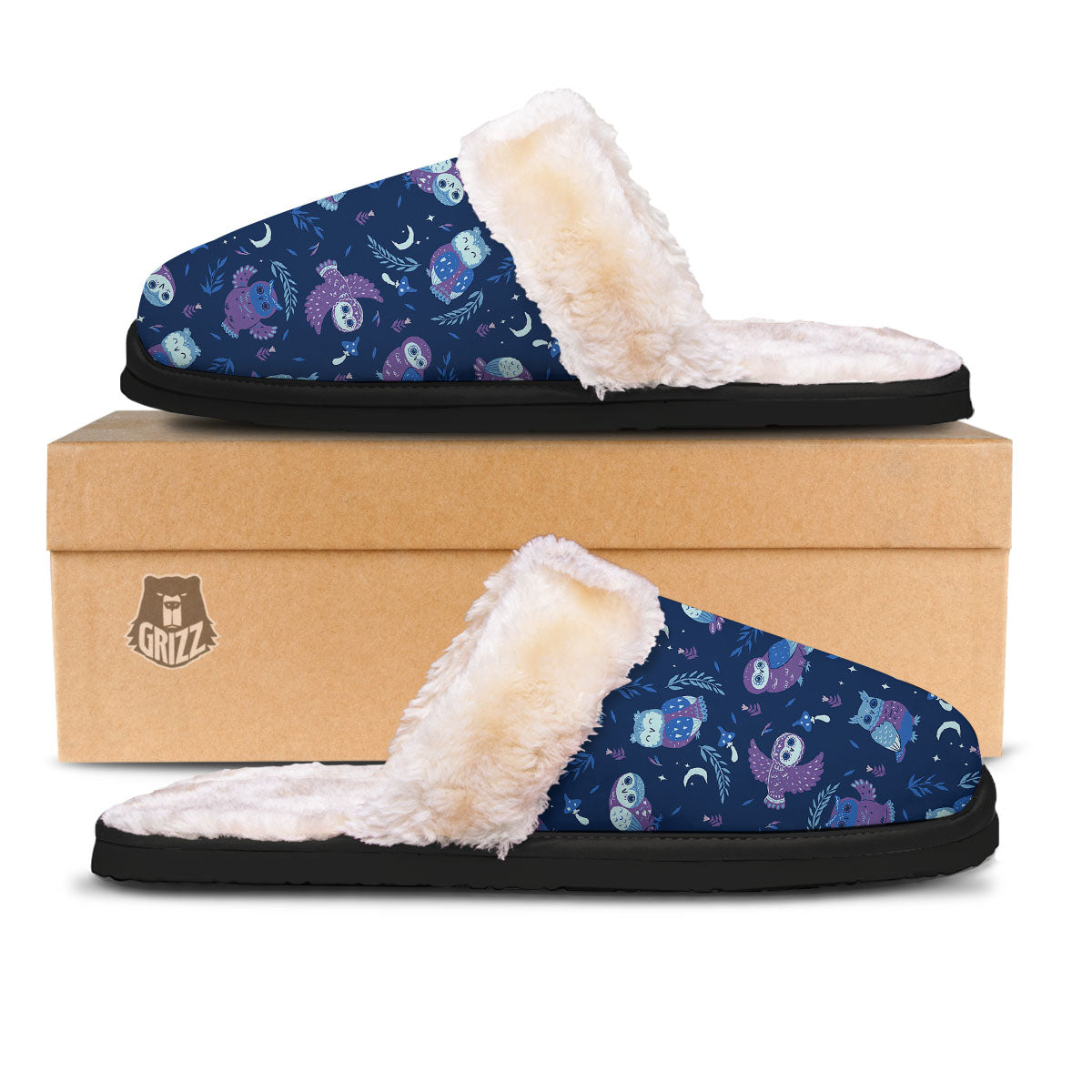 Owl Night Print Pattern Slippers-grizzshop