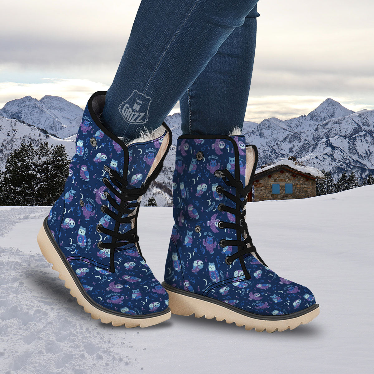 Owl Night Print Pattern Snow Boots-grizzshop