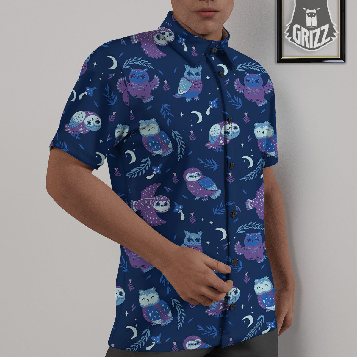 Owl Night Print Pattern Untucked Shirts-grizzshop