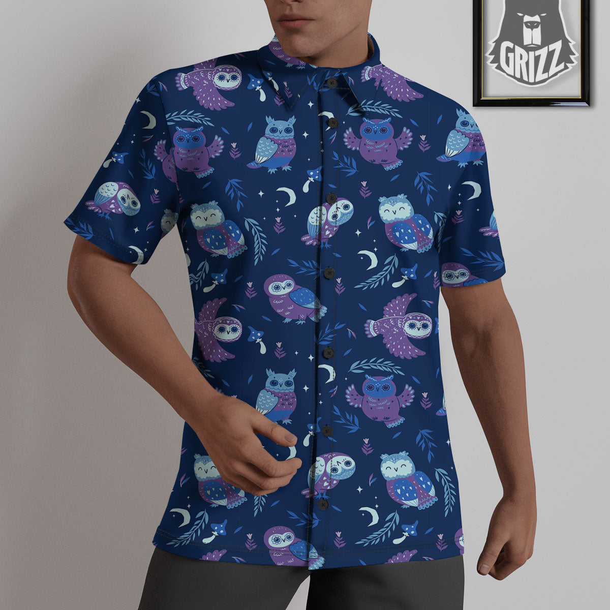 Owl Night Print Pattern Untucked Shirts-grizzshop