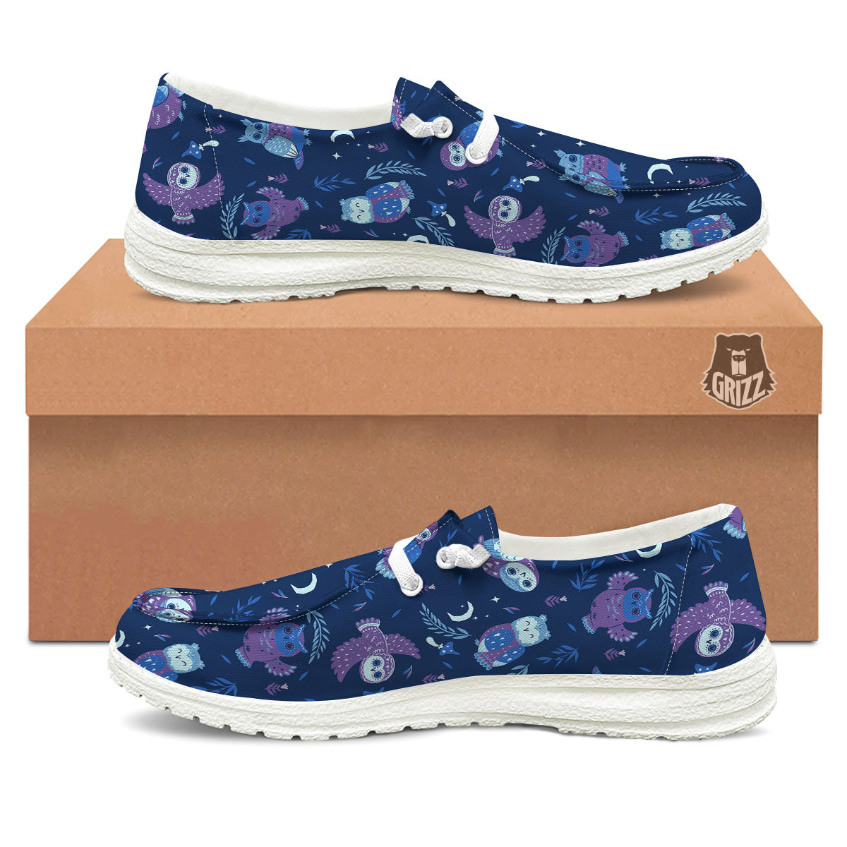 Owl Night Print Pattern White Loafers-grizzshop